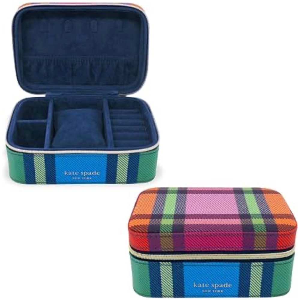 Kate Spade Grand Plaid Duo Travel Jewelry Organizer Case Multicolor New